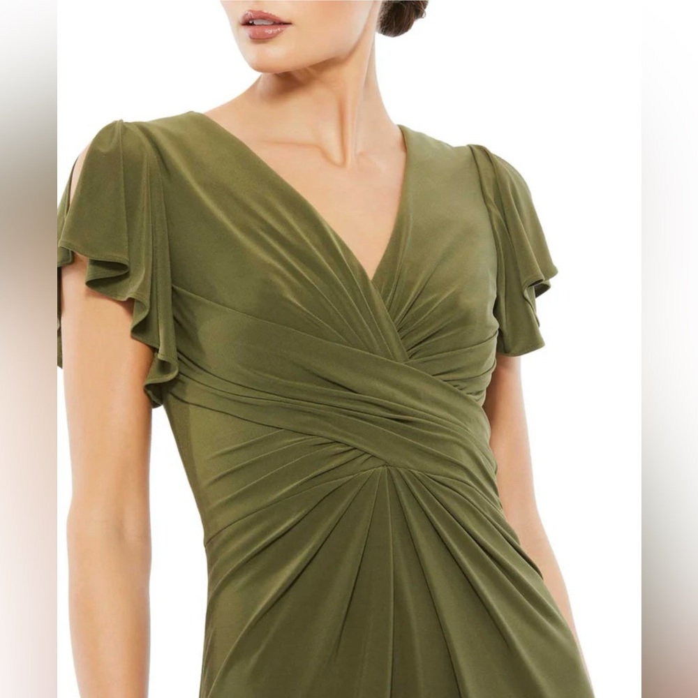 Mac Duggal Olive Green Ruched Midi Dress Surplice Flutter‎ Sleeve Sexy NWT 2 - Picture 15 of 15